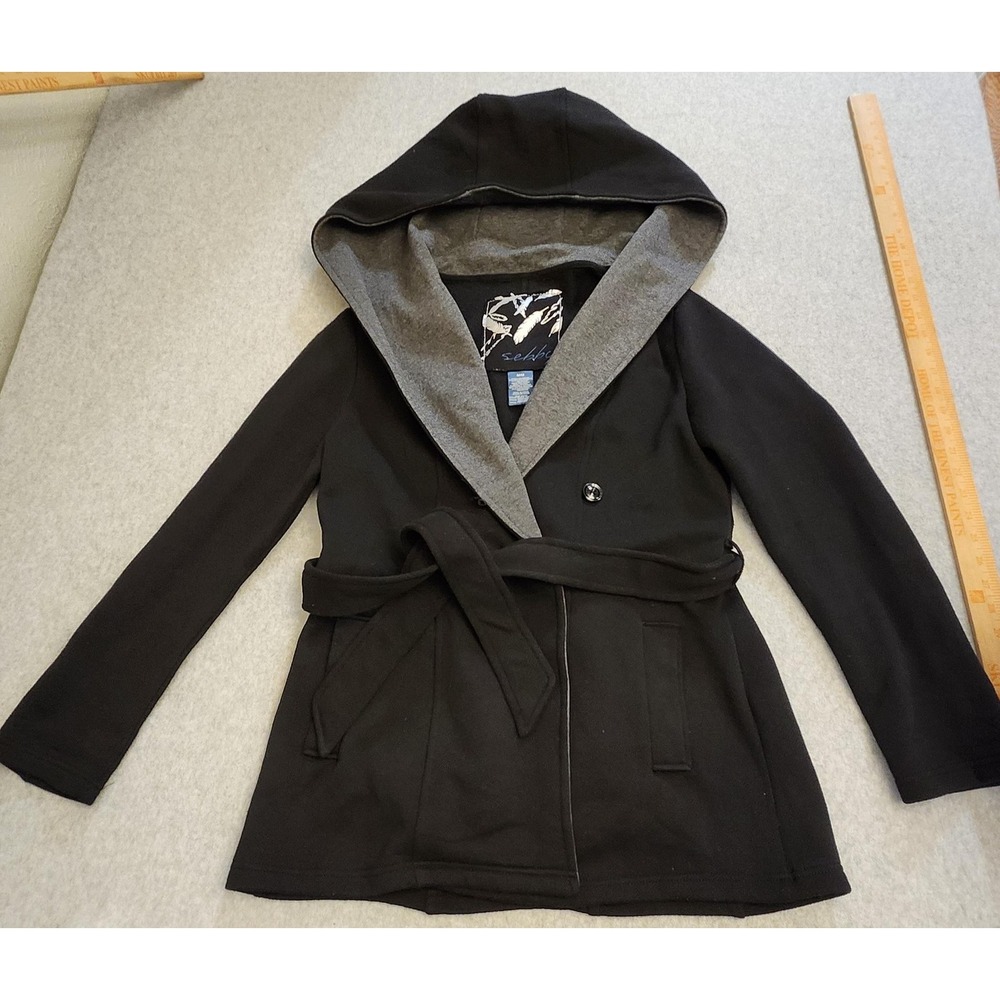 Sebby Jacket Womens‎ Medium Black Gray Hooded Belted Wrap Double Snap Buttons